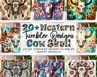 Boho Kuhschädel Tumbler Wrap Bundle, 20 Unzen Tumbler Sublimation Designs, Western Tumbler Wrap, Country Tumbler Wrap, Kuhfell Tumbler PNG