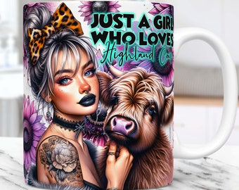 Highland Kuh Tasse Wrap Nur ein Mädchen, das Highland Kühe liebt Tasse Sublimationsdesign, Sonnenblumen 11 Unze und 15 Unze Tassenvorlage, Tassenverpackungsvorlage PNG
