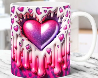 3D Pink Heart Hole In A Wall Mug Wrap, Valentines Day 11oz 15oz Mug PNG Sublimation Design, Coffee Cup Mug Wrap Template, Digital Download