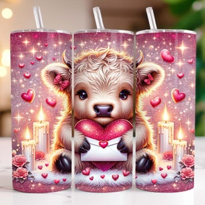 Envoltura para vaso de San Valentín con diseño de vaca de las tierras altas, diseño de sublimación para vaso delgado de 20 oz, envoltura para vaso con carta de amor PNG, descarga digital