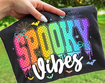 Checkered Halloween Drip PNG, Spooky Vibes Png, Cute Boo Ghost Floral Coquette Png, Preppy Halloween Neon Png, Colorful, Retro Halloween Png