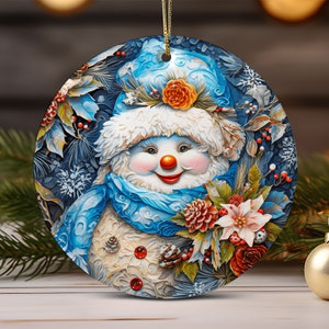 Cute Christmas Snowman Ornament Sublimation Design, 3D Christmas Round Ornament PNG, Instant Digital Download