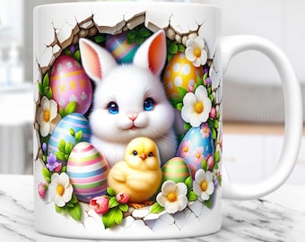 3D konijn paasmokomslag 11oz 15oz mok png, 3D konijnengat in een muur mokomslagsjabloon, paasmokomslag, ei paasmok sublimatieontwerp