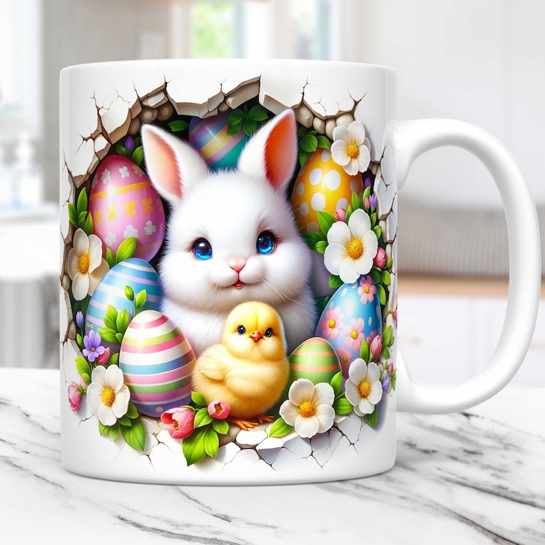 3D-kanin-påskmuggomslag 11oz 15oz mugg PNG, 3D-kaninhål i en vägg-muggomslagsmall, påskmuggomslag, sublimeringsdesign för ägg-påskmugg bild 1