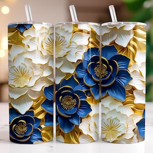 3D Blue White Gold Peonies 20 oz Tumbler Wrap, Skinny Tumbler Sublimation Design, Straight & Tapered Tumbler PNG, Instant Digital Download
