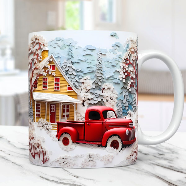 3D Red Truck Mug Wrap, Vintage Christmas Mug Wrap Sublimation Design PNG, 11oz and 15oz Coffee Cup Template, 3D Christmas Farmhouse Mug