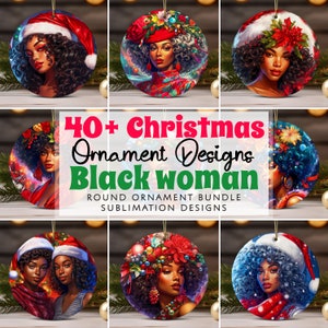 Black Woman Christmas Ornament Bundle PNG African American Girl Sublimation Designs, Black Women Round Ornament PNG Template