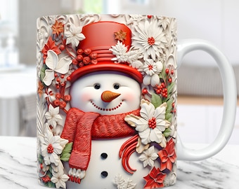 3D Snowman Mug Wrap, Christmas Mug Wrap Sublimation Design PNG, 11oz and 15oz Coffee Cup Template, 3D Floral Snowman Mug Press Design