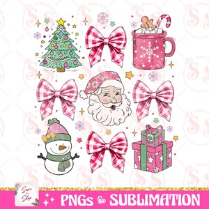 May include: A set of Christmas-themed digital clipart images featuring a snowman, Santa Claus, a Christmas tree, a mug of hot chocolate, a bow, and a stack of presents. The images are in a pink and white color scheme with a gingham pattern.