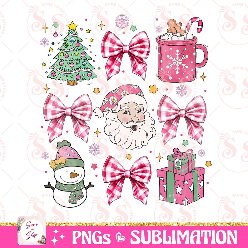 May include: A set of Christmas-themed digital clipart images featuring a snowman, Santa Claus, a Christmas tree, a mug of hot chocolate, a bow, and a stack of presents. The images are in a pink and white color scheme with a gingham pattern.