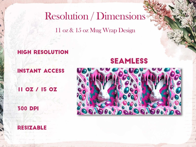 May include: A seamless digital design featuring a white rabbit surrounded by pink, white, and teal dripping paint and colorful orbs. The design is intended for use as a mug wrap for 11 oz and 15 oz mugs. The design is high resolution, 300 DPI, and resizable.