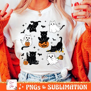 以下が含まれることがあります： ハロウィンに扮した猫の白黒のデザインが施された白いTシャツ。猫は、幽霊、魔女、カボチャなどのコスチュームを着ています。このデザインは、ハロウィンの愛好家に最適です。
