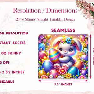 May include: A digital design featuring a cute cartoon bunny holding a colorful Easter egg. The design is seamless and perfect for a 20 ounce skinny straight tumbler. The design is 9.8 inches wide by 8.2 inches tall and has a resolution of 300 DPI.
