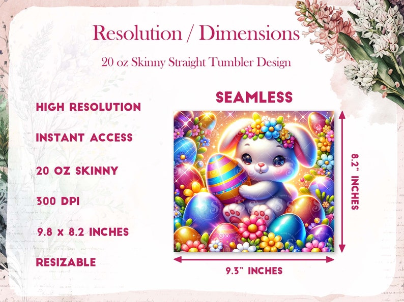 May include: A digital design featuring a cute cartoon bunny holding a colorful Easter egg. The design is seamless and perfect for a 20 ounce skinny straight tumbler. The design is 9.8 inches wide by 8.2 inches tall and has a resolution of 300 DPI.