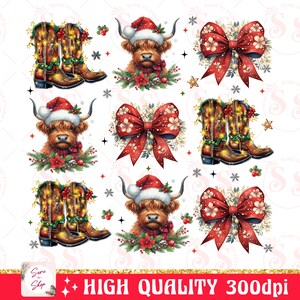 May include: A digital paper pack with a Christmas theme featuring illustrations of a Highland cow wearing a Santa hat, a red bow with holly and berries, and cowboy boots with lights.