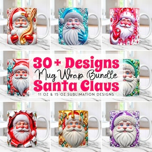 Pacchetto di involucri per tazze natalizie 3D Babbo Natale, graziosi involucri per tazze, disegni per sublimazione, modello per tazza da caffè 3D Babbo Natale da 15 once e 11 once, involucri per tazze natalizie 3D