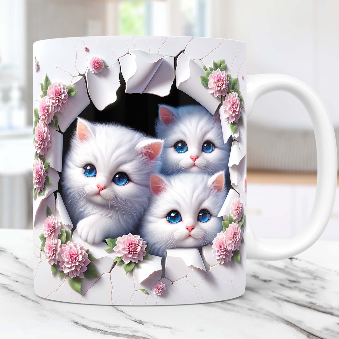 3D Kittens Hole in A Wall Mug Wrap, 3D White Cat Mug Wrap Sublimation