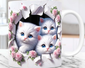 Tazza con gattini 3D con buco nel muro, tazza con gatto bianco 3D con design a sublimazione PNG, modello per tazza da caffè da 11 e 15 once, design per tazza con gatto carino 3D