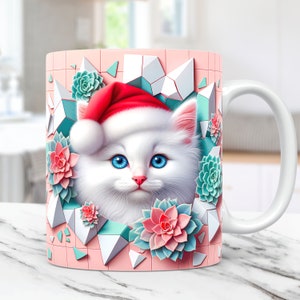 3D Kitten Hole In A Wall Mug Wrap Christmas Cat Mug Wrap Sublimation Design PNG 11oz & 15oz Coffee Cup Template 3D Cute Cat Mug Press Design