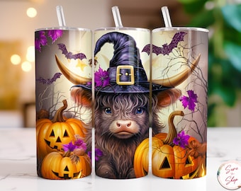 Baby Highland Cow Witch Halloween Tumbler Wrap, 20 oz Skinny Tumbler Sublimation Designs Straight Tumbler PNG, Instant Digital Download
