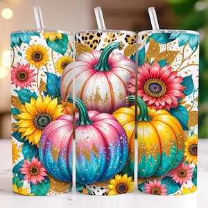 Pumpkins Fall Tumbler Wrap 20oz Skinny Tumbler Sublimation Design Pumpkin Tumbler Png Floral Fall 20oz Tumbler Wrap, Digital Download
