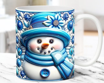 3D Aufgeblasener Schneemann Becher Wrap Weihnachtsbecher Wrap PNG Sublimationsdesign 11 Unzen und 15 Unzen Kaffeetasse Vorlage 3D Blumen Schneemann Becher Pressendesign