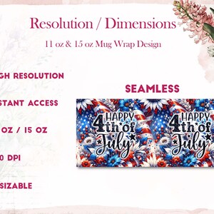 K&ouml;nnte beinhalten: Ein digitales Design f&uuml;r eine Becherverkleidung mit einem nahtlosen Muster aus roten, wei&szlig;en und blauen Sternen, Streifen und Blumen mit dem Text "Happy 4th of July". Das Design ist hochaufl&ouml;send, 300 DPI, und f&uuml;r 11 oz und 15 oz Becher anpassbar.