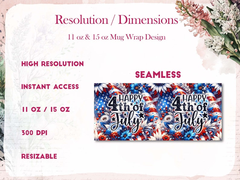 K&ouml;nnte beinhalten: Ein digitales Design f&uuml;r eine Becherverkleidung mit einem nahtlosen Muster aus roten, wei&szlig;en und blauen Sternen, Streifen und Blumen mit dem Text "Happy 4th of July". Das Design ist hochaufl&ouml;send, 300 DPI, und f&uuml;r 11 oz und 15 oz Becher anpassbar.
