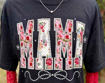 Perlas para mamá PNG, Mamá del Día de la Madre PNG, Perlas florales PNG, Mamá floral retro rosa PNG, Mamá estilo boho cottagecore PNG, Mamá perlada PNG sublimación