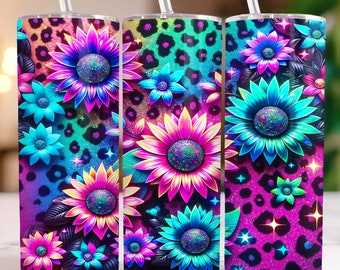 Solrosor Tumbler Wrap Glitter Leopard 20oz Small Tumbler PNG Sublimeringsdesign Sömlös Glitter Solrosor Tumbler Wrap Digital Nedladdning