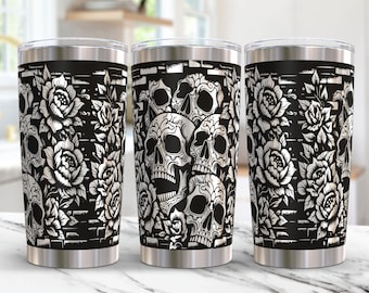 Schädel-Becher-Verpackung 20 Unzen Laser-Svg, Schädel mit Blume 20-Unzen-Becher-Wrap-Svg-Design, Blumen gravierte Becher Laser-Datei, Laser-Gravur-Svg