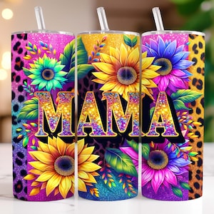 Sunflowers Mama Tumbler Wrap 20 oz Skinny Tumbler PNG Mama Sublimation Design Glitter Leopard Mom Life Seamless Mother&#39;s Day Tumbler Wrap