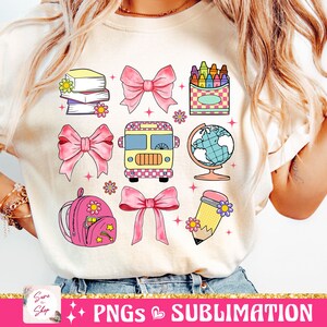 May include: A set of 10 colorful school-themed sublimation designs featuring a school bus, backpack, globe, pencil, crayons, books, and bows. The designs are perfect for creating t-shirts, mugs, tote bags, and other personalized items.