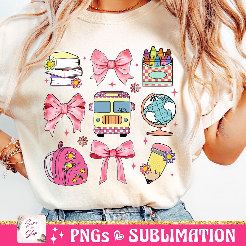 May include: A set of 10 colorful school-themed sublimation designs featuring a school bus, backpack, globe, pencil, crayons, books, and bows. The designs are perfect for creating t-shirts, mugs, tote bags, and other personalized items.