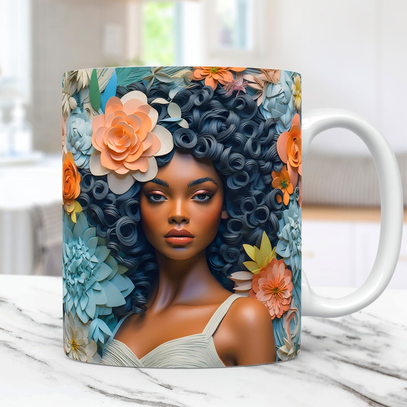 May include: White ceramic mug with a colorful illustration of a woman with curly hair surrounded by paper flowers in shades of blue, orange, and yellow.