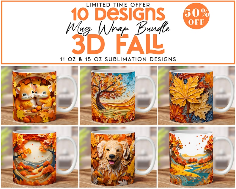 3D Fall Mug Wrap Bundle, 3D Fall Flowers Mug Wrap Sublimation Design ...