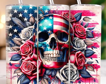 American Skull 20 oz Tumbler Wrap Sublimation Design, American Flag Roses Patriotic Tumbler PNG Design Templates, Digital Download