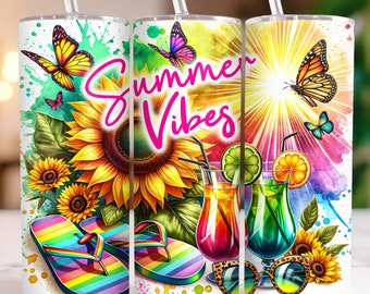 Summer Vibes Tumbler Wrap 20oz Skinny Sublimation Tumbler Design, Watercolor Summer Tumbler Wrap, Flip Flop Tumbler Png, Digital Download