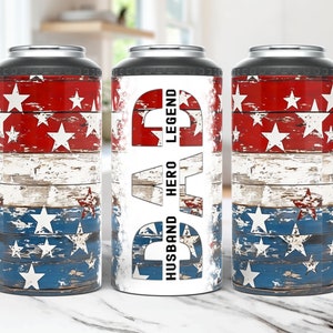 May include: Three stainless steel tumblers with a patriotic theme. The tumbler on the left and right have a red, white, and blue distressed wood and stars design. The tumbler in the center is white with the words "DAD", "HUSBAND", "HERO", and "LEGEND" in black.