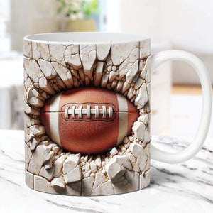 3D Football Mug Wrap, 3D Cracked Hole Football Mug Wrap Sublimation Design PNG, 3D Mug Design 11oz and 15oz Sport Mug Wrap