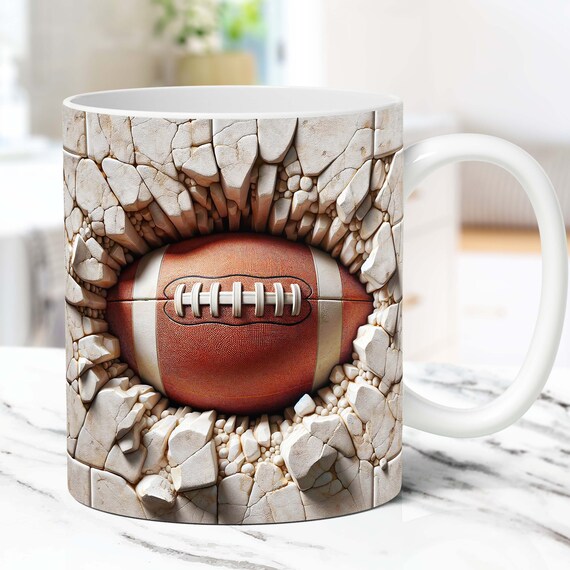 3D Football Mug Wrap, 3D Cracked Hole Football Mug Wrap Sublimation Design PNG, 3D Mug Design 11oz and 15oz Sport Mug Wrap