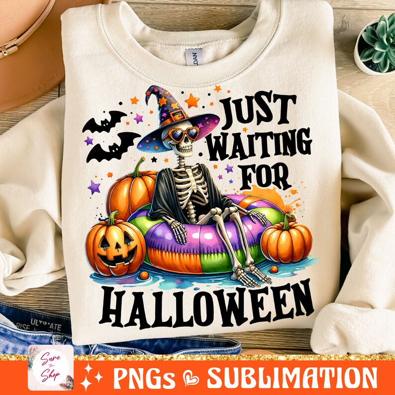 Just Waiting for Halloween PNG, Funny Halloween Png, Spooky Summer Halloween Sublimation Designs, Cute Clipart, Skeleton DTF Shirt Design image 3