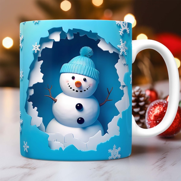 3D Snowman Hole In A Wall Mug Wrap Sublimation Design PNG Snowflakes 3D Snowman 11oz 15oz Mug Wrap Template 3D Christmas Mug Press Design