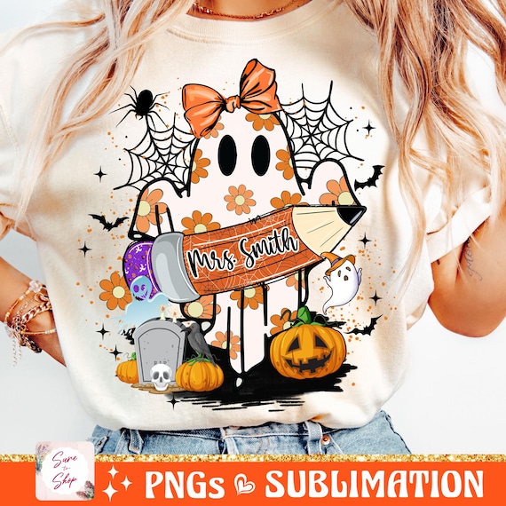 Floral Teacher Halloween Png, Cute Ghost Png, Spooky Vibes Png, Retro Halloween Png, Fall Png, Halloween Shirt Sublimation Design