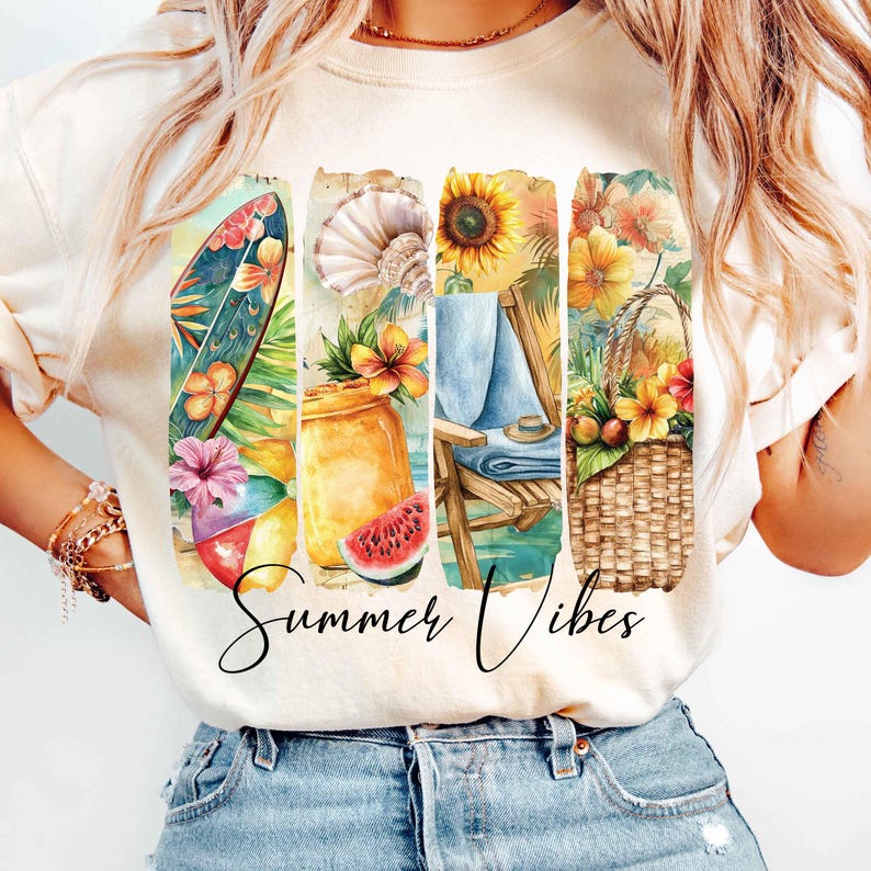 May include: A white t-shirt with a colorful graphic design featuring a surfboard, a watermelon, a jar, a beach chair, a basket of flowers, and a sunflower. The text "Summer Vibes" is printed below the graphic.
