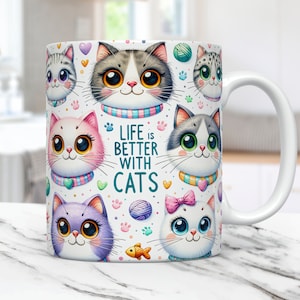 猫がいると人生はもっと楽しくなるマグカップラップ 猫好きのマグカップラップ 昇華デザイン PNG ペットマグ PNG プレスデザイン、猫 11 オンス & 15 オンス コーヒーカップ テンプレート