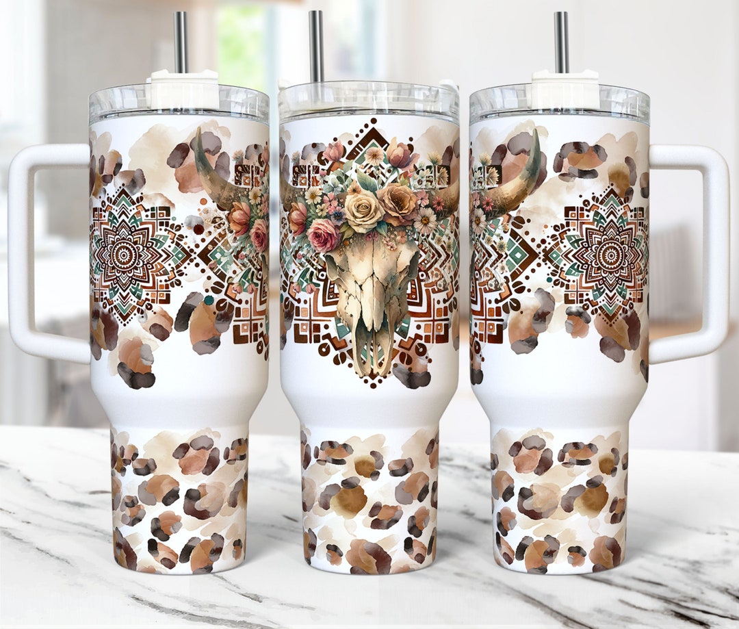 Boho Cow Skull Aztec Tumbler Wrap 40 Oz Quencher Tumbler PNG ...