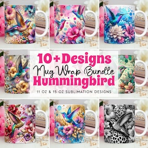 Hummingbird Mug Wrap Bundle, Floral Mug Wrap Sublimation Design PNG, 11oz and 15oz Coffee Cup Template, Hummingbird Mug Press Design