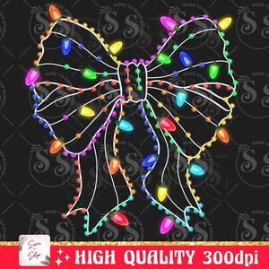 May include: A white bow outline with colorful lights strung around it. The lights are red, orange, yellow, green, blue, purple, and pink. The bow is a Christmas decoration.