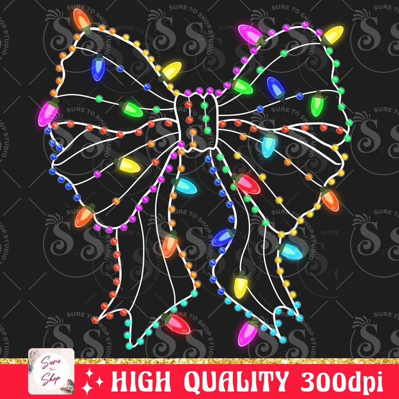 May include: A white bow outline with colorful lights strung around it. The lights are red, orange, yellow, green, blue, purple, and pink. The bow is a Christmas decoration.